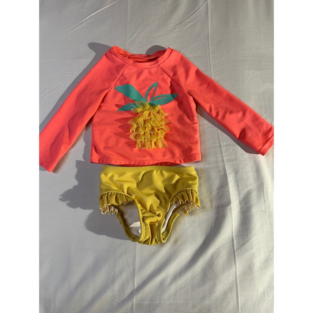 Cat & Jack Baby Girls 12M Pineapple Rash Guard Swimsuit Set Pink Yellow Ruffles